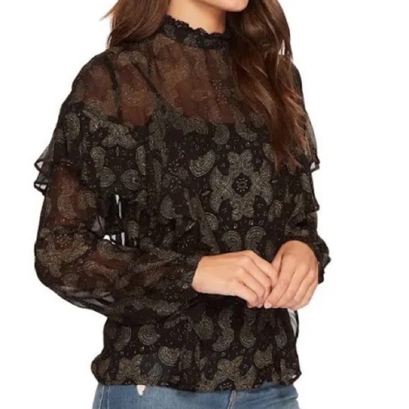 Lucky Brand Sheer Print High Neck Ruffle Blouse - Picture 3 of 10